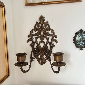 Vintage Ornate Floral Scroll Design Brass Double Candle Holder Wall Sconce